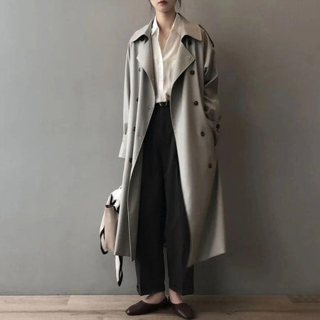 Seoul Statement Trenchcoat - full-length shot on model, grey - Miss Mosa By Akanksha