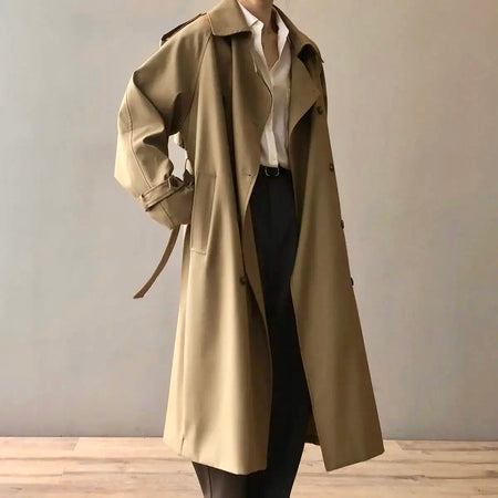 Seoul Statement Trenchcoat - full-length shot on model, khaki - Miss Mosa By Akanksha