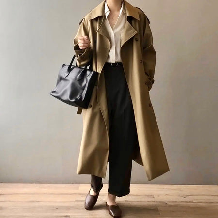 Seoul Statement Trenchcoat - full-length shot on model, khaki - Miss Mosa By Akanksha