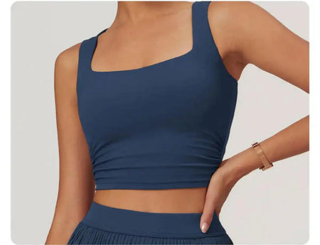 Sera Premium Activewear Set In Navy Blue - close-up shot of the square-neck top on model - Miss Mosa By Akanksha