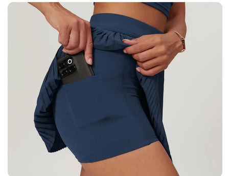 Sera Premium Activewear Set In Navy Blue - side shot on model showing skirt pocket - Miss Mosa By Akanksha