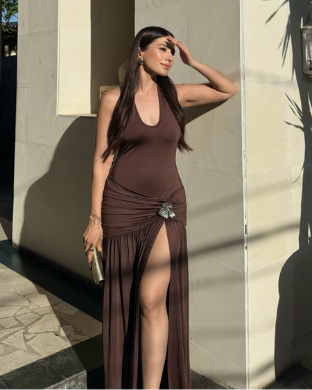 Serafina Luxe Slit Cut Maxi Dress In Brown - side shot on model with leg slit - Miss Mosa By Akanksha