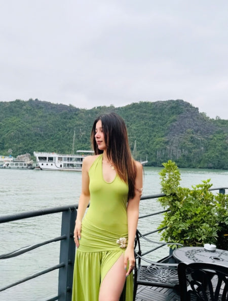 Serafina Luxe Slit Cut Maxi Dress In Green - three-quarter shot on model - Miss Mosa By Akanksha