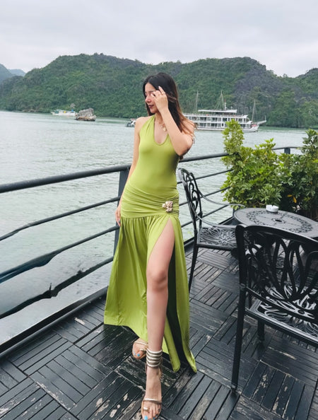 Serafina Luxe Slit Cut Maxi Dress In Green - full-length side shot on model - Miss Mosa By Akanksha