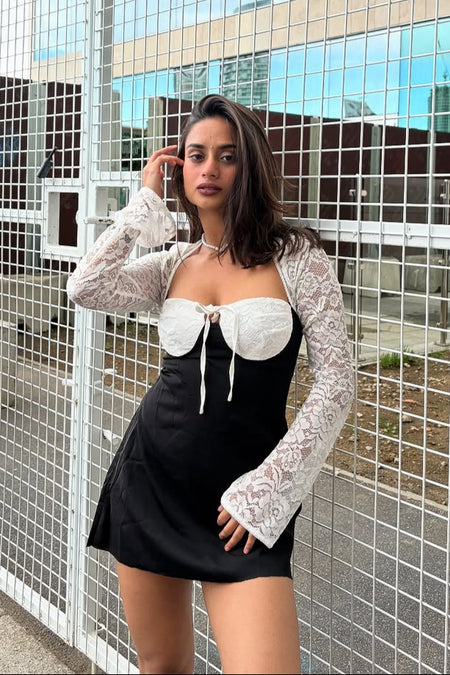 Serbia Lace Mini Dress In Black - front shot on model - Miss Mosa By Akanksha
