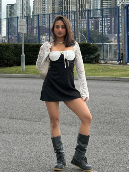 Serbia Lace Mini Dress In Black - full-length front shot on model - Miss Mosa By Akanksha