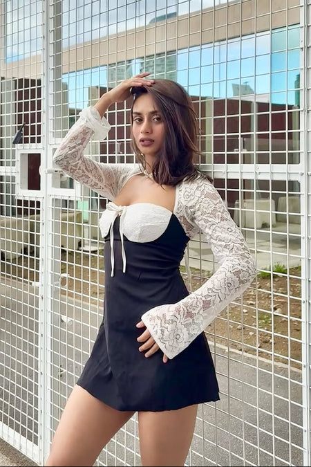 Serbia Lace Mini Dress In Black - front shot on model - Miss Mosa By Akanksha