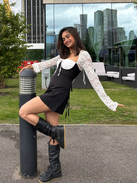 Serbia Lace Mini Dress In Black - side full-length shot on model - Miss Mosa By Akanksha