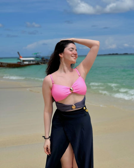 Serbia One Pc Swimsuit with Skirt - lifestyle shot on model, multicolour - Miss Mosa By Akanksha