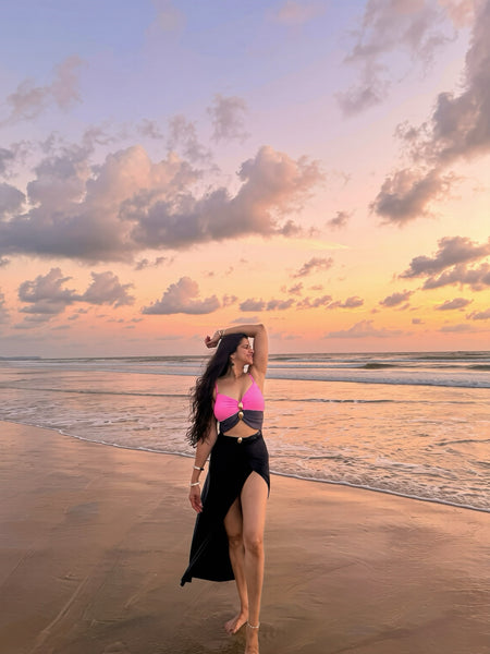 Serbia One Pc Swimsuit with Skirt - full-length front shot, pink and black with black skirt - Miss Mosa By Akanksha
