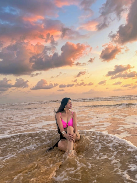 Serbia One Pc Swimsuit with Skirt - seated shot, pink and black - Miss Mosa By Akanksha
