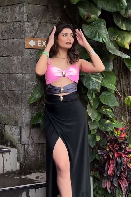 Serbia One Pc Swimsuit with Skirt - lifestyle shot on model, multicolour - Miss Mosa By Akanksha