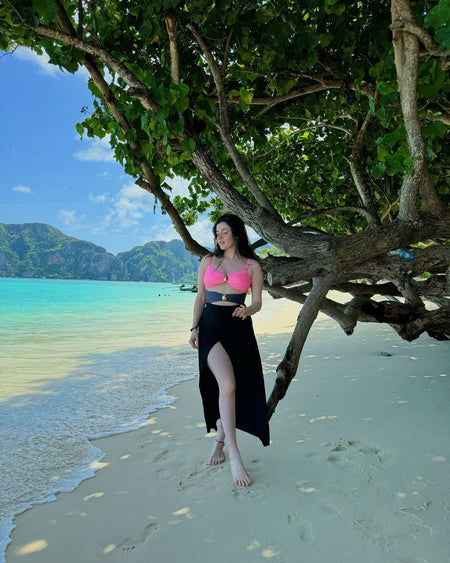Serbia One Pc Swimsuit with Skirt - lifestyle shot on model, multicolour - Miss Mosa By Akanksha