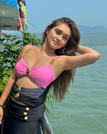 Serbia One Pc Swimsuit with Skirt - lifestyle shot on model, multicolour - Miss Mosa By Akanksha
