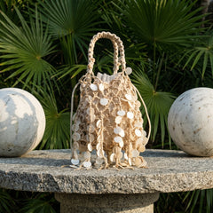 Serena Shell Crochet Pouch Handbag - front shot, cream crochet with white shell discs - Miss Mosa By Akanksha