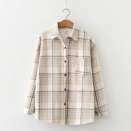 Serenity Fleece-Lined Plaid Shacket - front shot on hanger, beige - Miss Mosa By Akanksha
