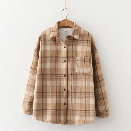Serenity Fleece-Lined Plaid Shacket - front shot on hanger, brown - Miss Mosa By Akanksha
