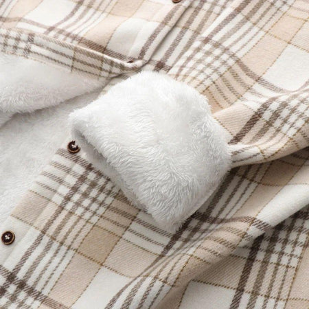 Serenity Fleece-Lined Plaid Shacket - close-up of fleece lining, beige - Miss Mosa By Akanksha