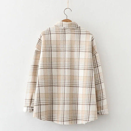 Serenity Fleece-Lined Plaid Shacket - back shot on hanger, beige - Miss Mosa By Akanksha
