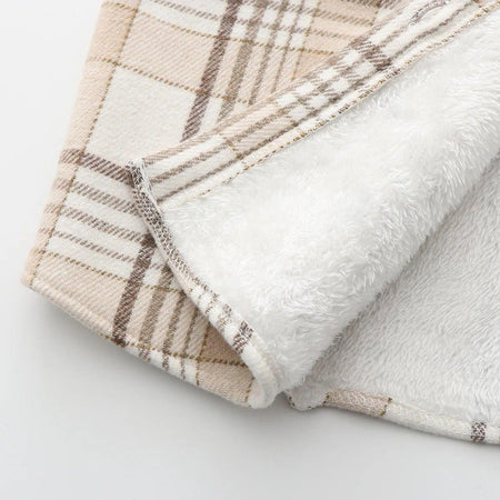 Serenity Fleece-Lined Plaid Shacket - close-up of fleece lining, beige - Miss Mosa By Akanksha