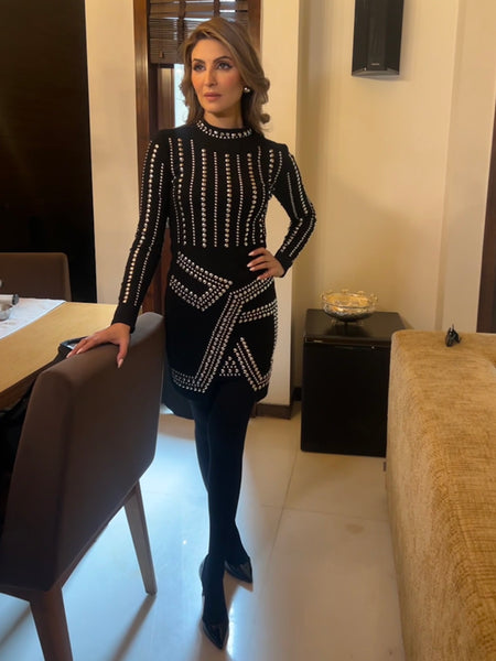 Sereya Riveted Luxe Dress In Black - full-length shot on model, black - Miss Mosa By Akanksha