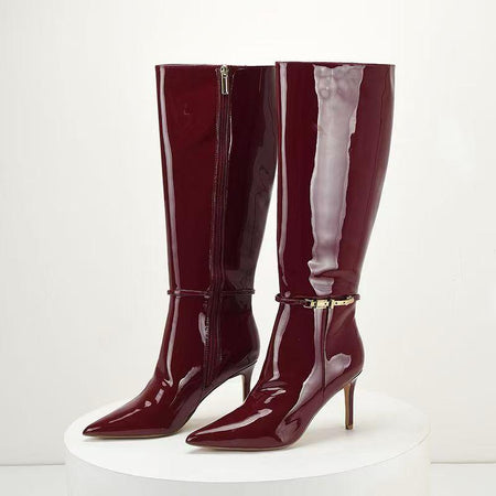 Sergey Pointed Leather Boots In Wine - front shot of boots on stand - Miss Mosa By Akanksha