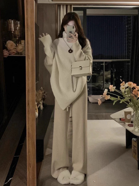 Sergio Woolen High Neck Sweater - full-length front shot on model, ivory - Miss Mosa By Akanksha