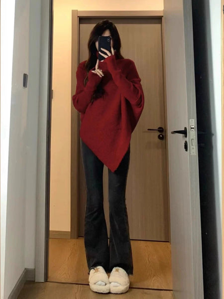 Sergio Woolen High Neck Sweater - full-length front shot on model, red - Miss Mosa By Akanksha