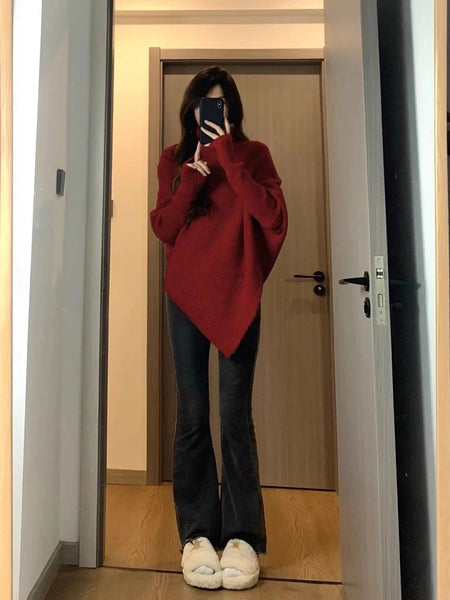 Sergio Woolen High Neck Sweater - full-length front shot on model, red - Miss Mosa By Akanksha