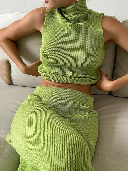 Seri Luxe Soft Knit Coord Set In Green - front shot on model seated - Miss Mosa By Akanksha