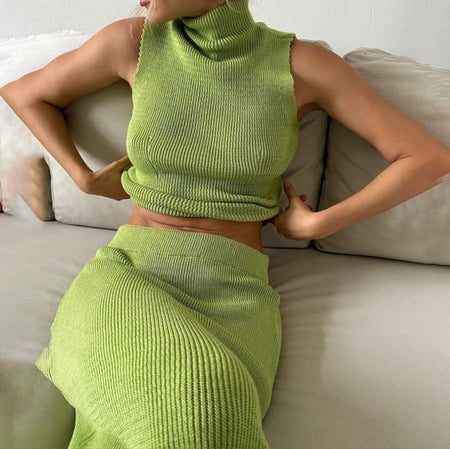 Seri Luxe Soft Knit Coord Set In Green - front shot on model seated - Miss Mosa By Akanksha