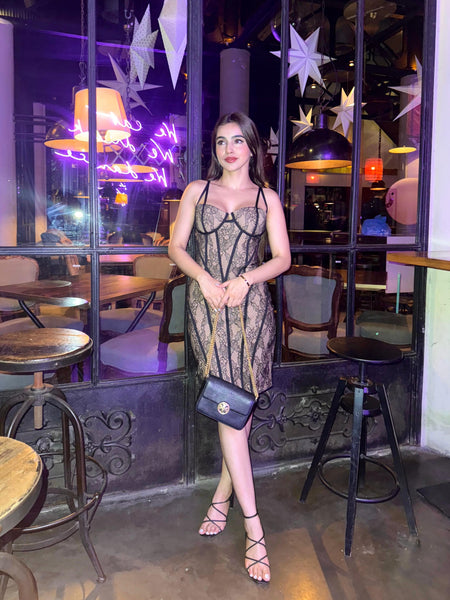 Serina Luxe Bandage Midi Dress - full-length front shot on model outdoors, black and gold - Miss Mosa By Akanksha