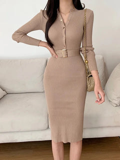 Serra Premium Woolen Midi Dress - front shot on model with belt, beige - Miss Mosa By Akanksha