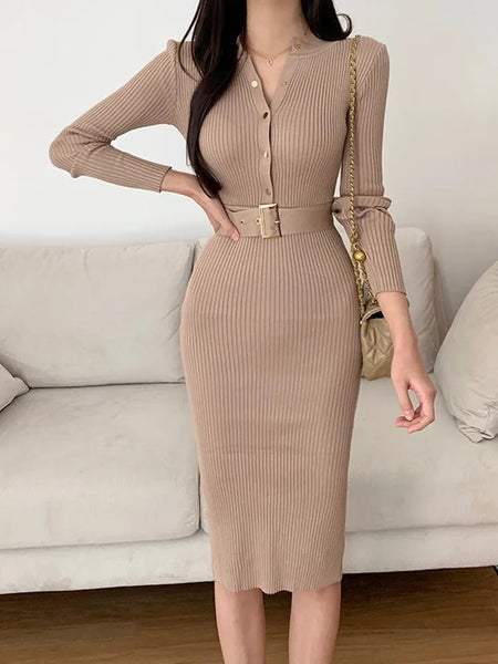 Serra Premium Woolen Midi Dress - front shot on model with belt, beige - Miss Mosa By Akanksha