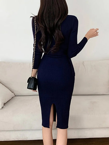 Serra Premium Woolen Midi Dress - back shot on model, navy - Miss Mosa By Akanksha