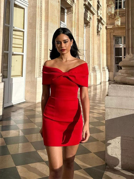Serrie Red Bow Mini Dress - full-length shot on model, red - Miss Mosa By Akanksha
