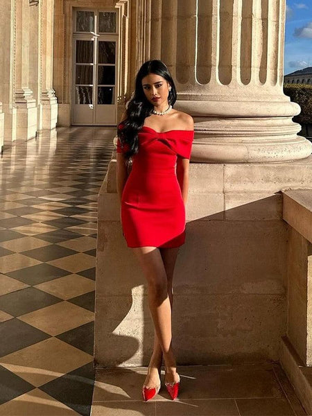 Serrie Red Bow Mini Dress - full-length shot on model, red - Miss Mosa By Akanksha