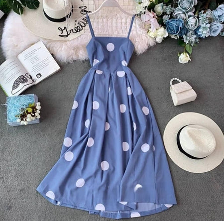 Sesta Polka Midi Dress - styled flat-lay shot, blue - Miss Mosa By Akanksha
