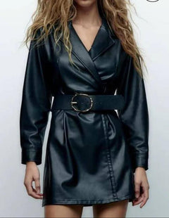 Sevoy Leather Dress With Belt - front shot on model, black - Miss Mosa By Akanksha