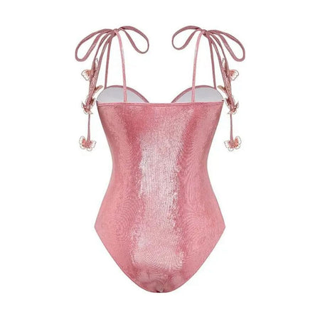 Shane Swimsuit with Sarong Skirt In Pink - flat-lay back shot of swimsuit - Miss Mosa By Akanksha
