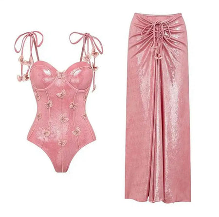 Shane Swimsuit with Sarong Skirt In Pink - flat-lay product shot of swimsuit and sarong skirt - Miss Mosa By Akanksha