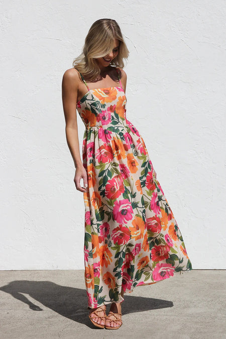 Sharon Floral Midi Dress - three-quarter shot, floral print on cream - Miss Mosa By Akanksha