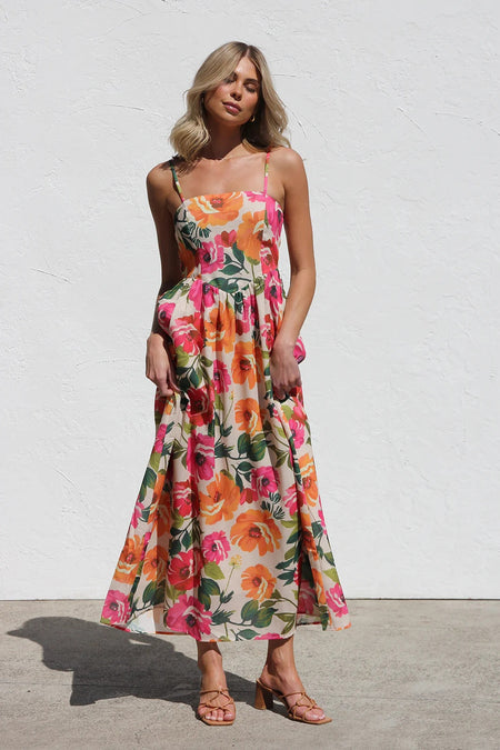 Sharon Floral Midi Dress - full-length shot, floral print on cream - Miss Mosa By Akanksha