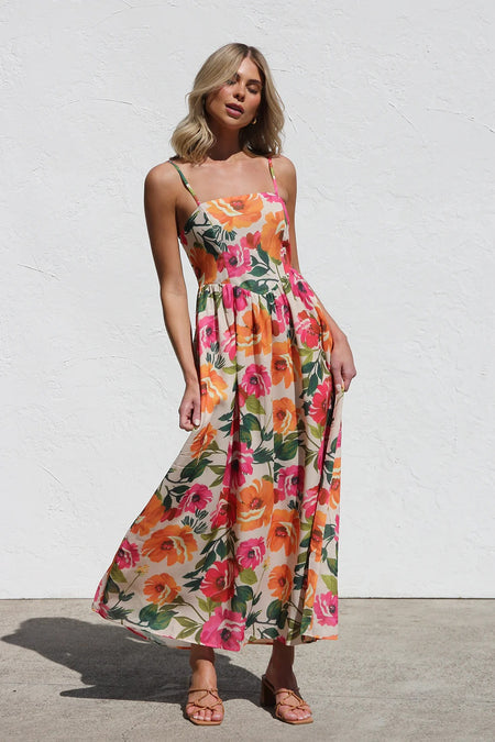 Sharon Floral Midi Dress - full-length shot, floral print on cream - Miss Mosa By Akanksha