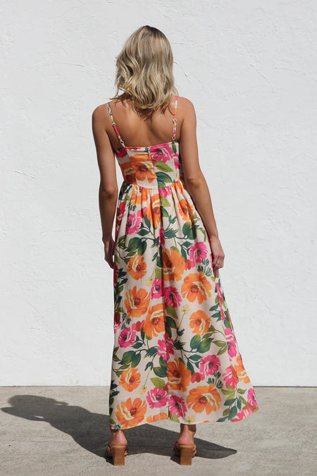 Sharon Floral Midi Dress - back shot, floral print on cream - Miss Mosa By Akanksha