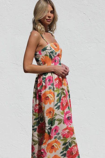 Sharon Floral Midi Dress - side shot, floral print on cream - Miss Mosa By Akanksha