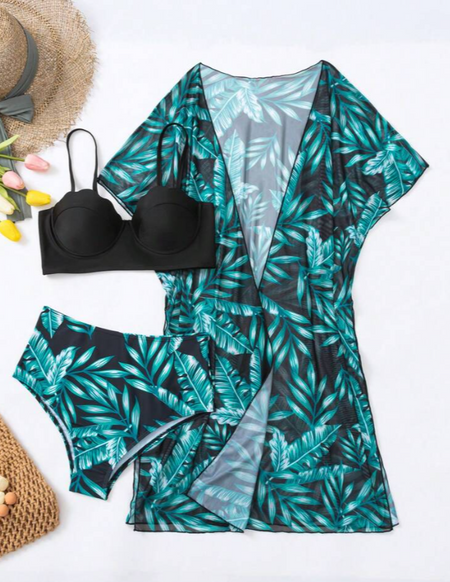 Shay Holiday Bikini Set With Cape In Green - flat-lay product shot of bikini set with cover-up - Miss Mosa By Akanksha