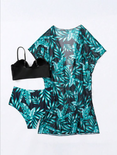 Shay Holiday Bikini Set With Cape In Green - flat-lay product shot of bikini set with cover-up - Miss Mosa By Akanksha