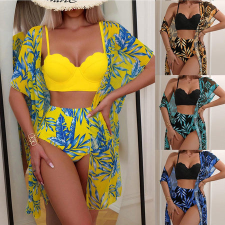 Shay Holiday Bikini Set With Cape In Yellow - front shot on model with colour options inset - Miss Mosa By Akanksha