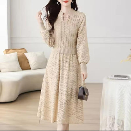 Sherrica Vintage Hollow Out Midi Dress - full-length front shot on model, beige - Miss Mosa By Akanksha